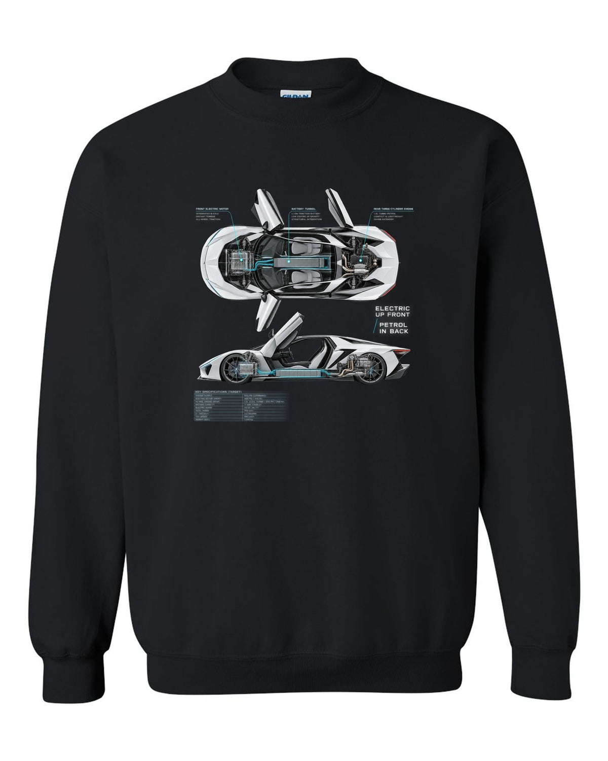 BMW i8 I12 spec poster print with electric up front petrol in back text black crewneck front view with the design