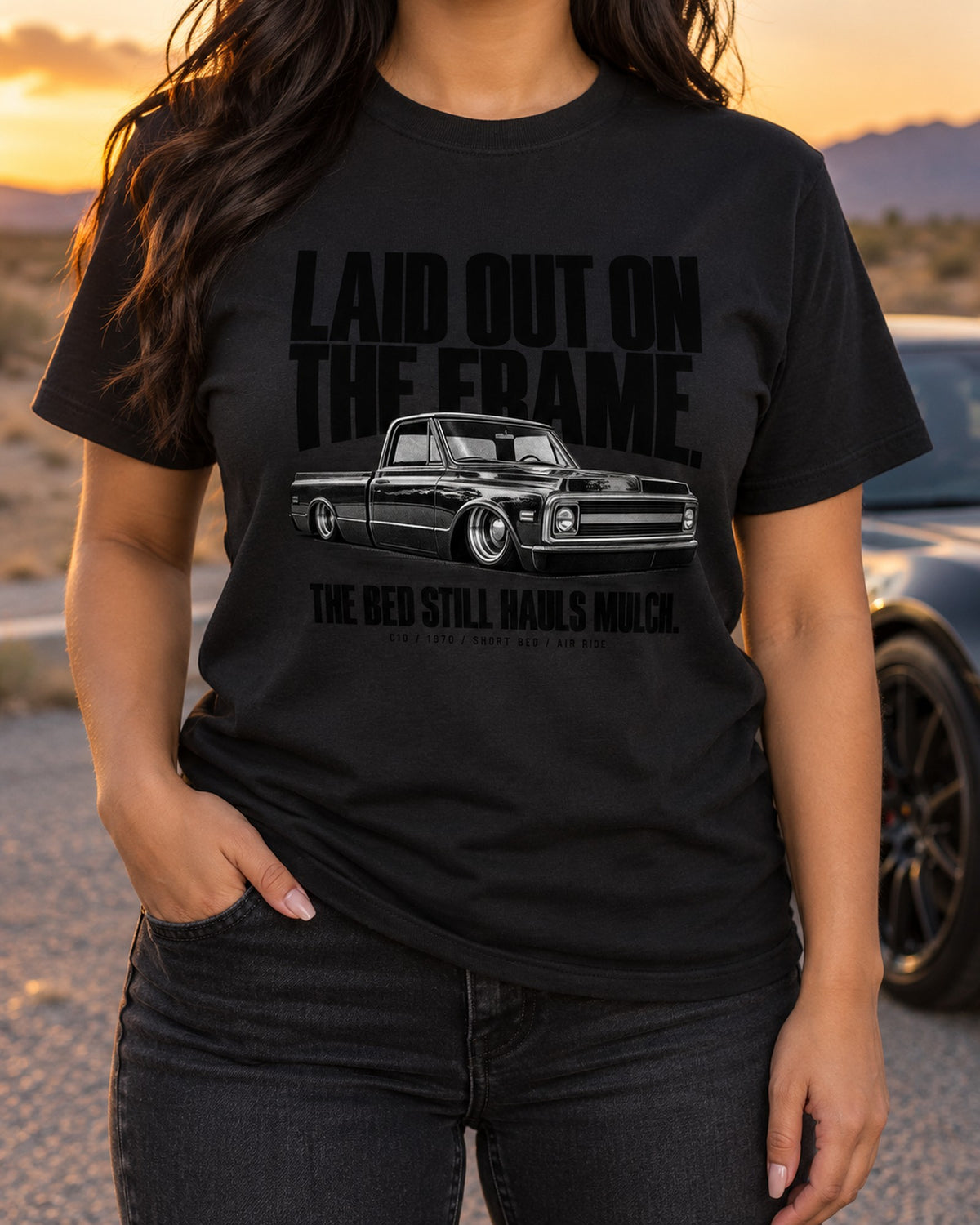 Chevrolet C10 1970 Bagged Short Bed Halftone Shirt T-Shirt Black worn hero