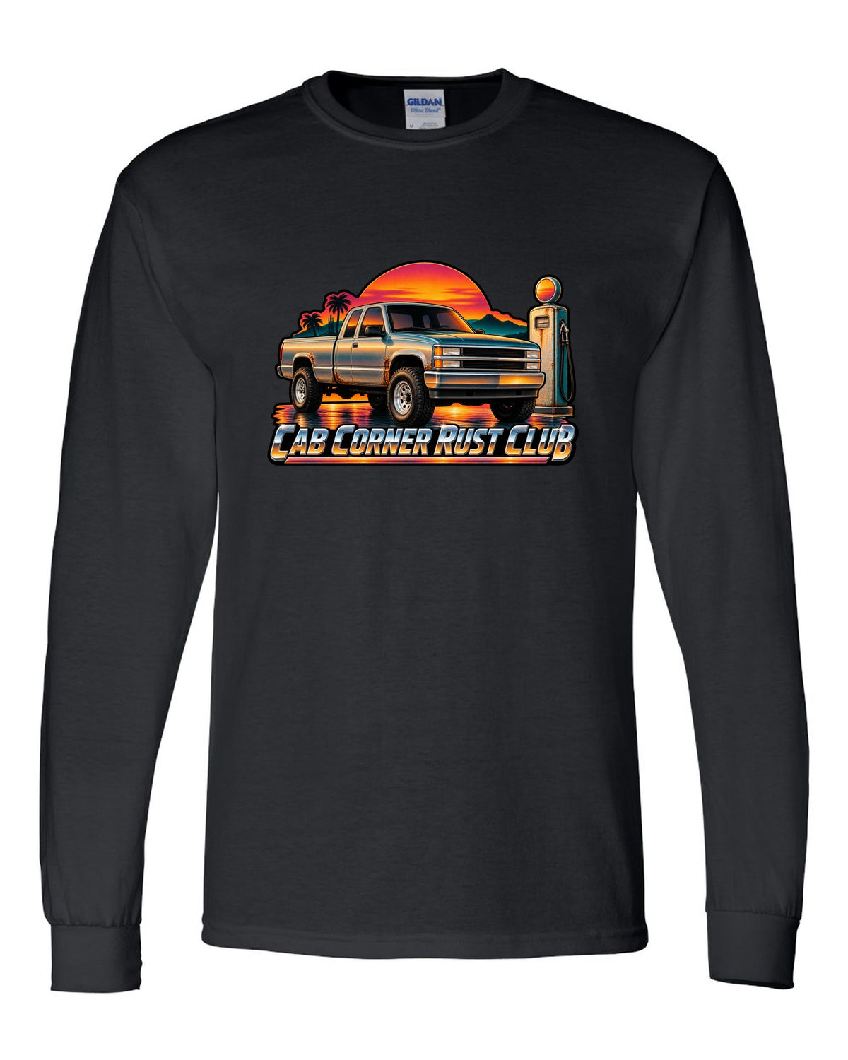 70s airbrush sunset gas pump print of a 1988-1998 Chevrolet OBS Silverado with Cab Corner Rust Club text black long sleeve front view with the design