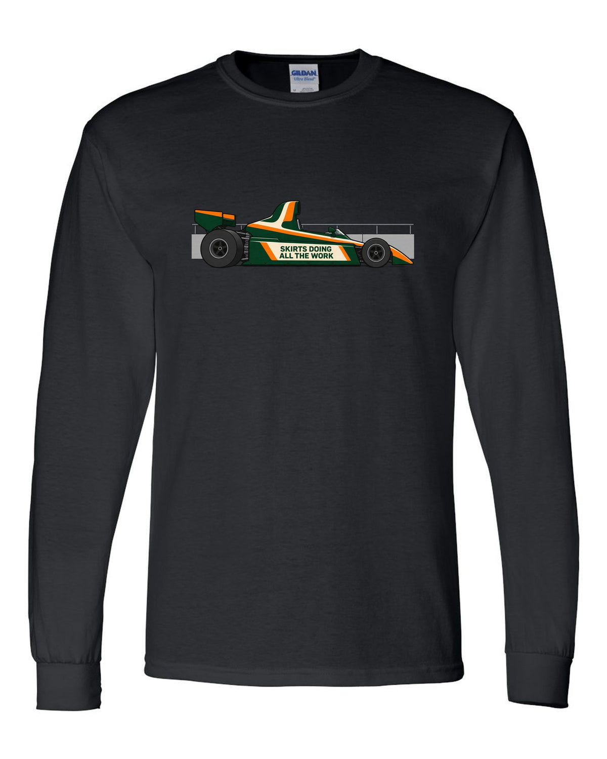 Flat vector Lotus 79 Formula 1 car with the lettering skirts doing all the work black long sleeve front view with the design