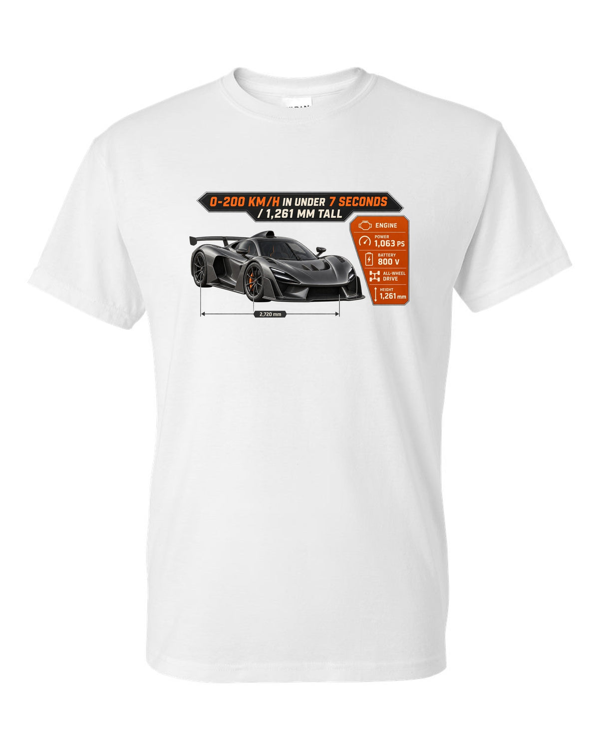 Mercedes-AMG One spec poster design with acceleration and height figures white t-shirt front view with the design