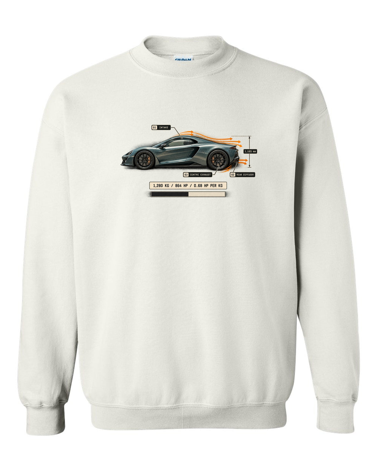Airflow callout print of the Pagani Utopia with the text 1,280 kg, 864 hp, 0.68 hp per kg white crewneck front view with the design