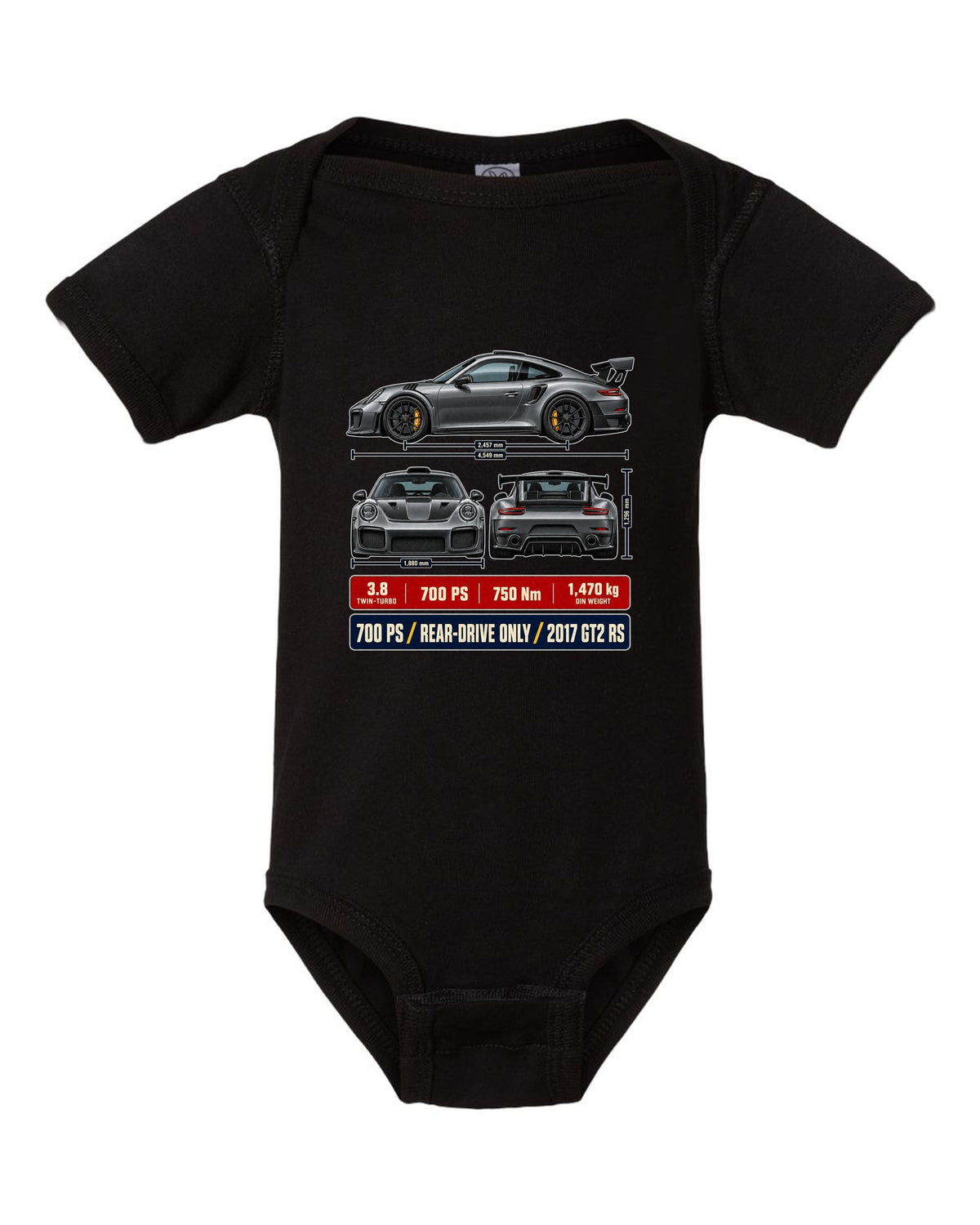 Porsche 911 GT2 RS 991.2 three-view dossier print design black baby onesie front view with the design