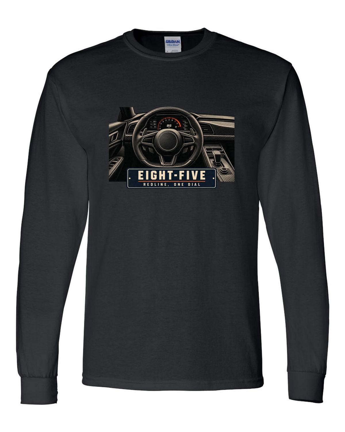 Cockpit and single dial of the Koenigsegg Jesko with carbon tub and flat dash, print black long sleeve front view with the design
