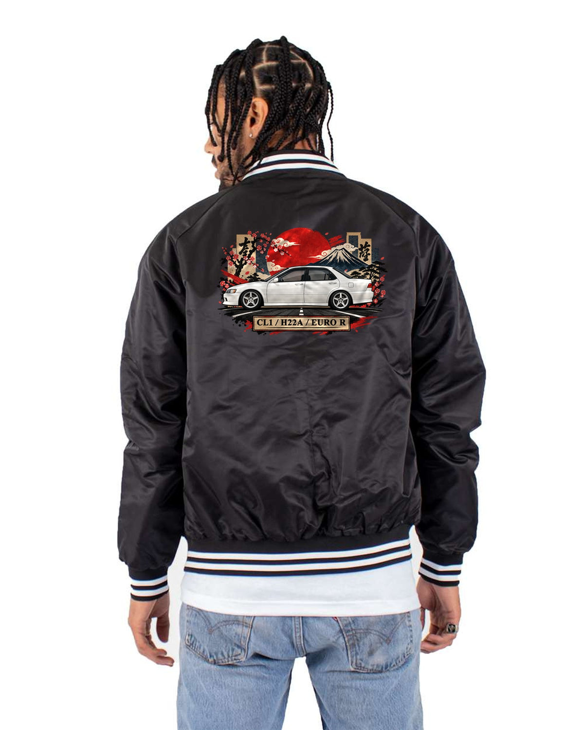 Honda Accord Euro R CL1 Japanese Plate Collage Shirt Bomber Jacket Black back