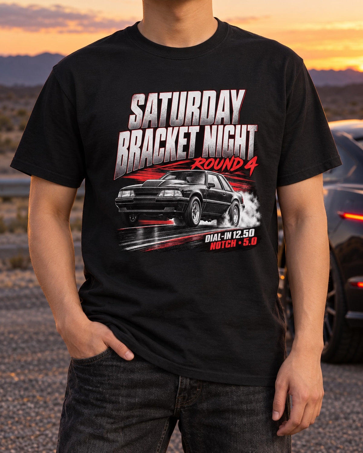 Fox Body Mustang Notchback Bracket Night Race Poster Shirt T-Shirt Black worn hero
