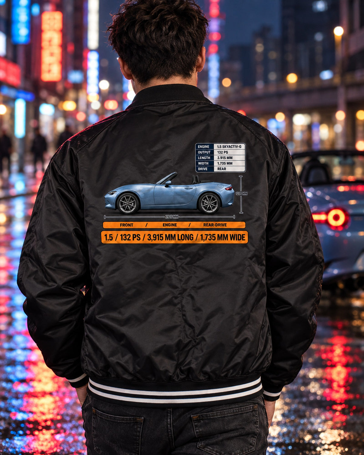 Mazda MX-5 ND 1.5 SKYACTIV-G 132 PS Spec Poster Tee Bomber Jacket Black worn hero