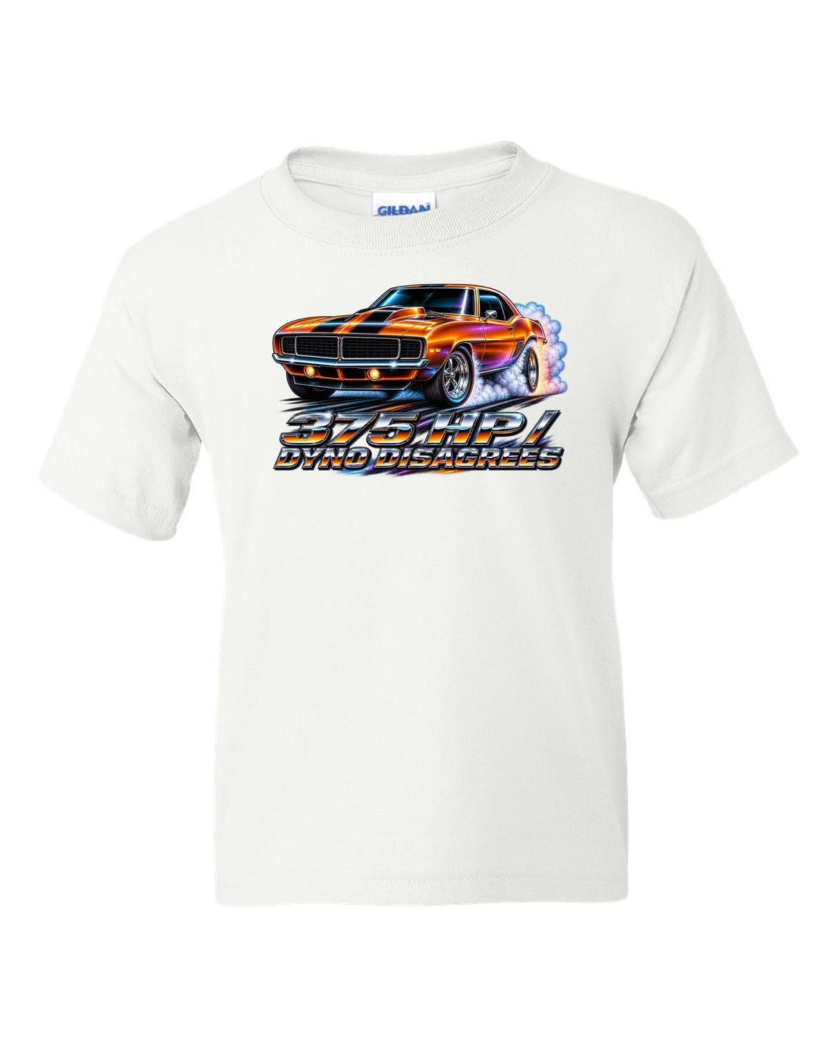 1969 Camaro SS 396 doing a burnout in 80s airbrush chrome style with text 375 HP Dyno Disagrees white kids tee front view with the design