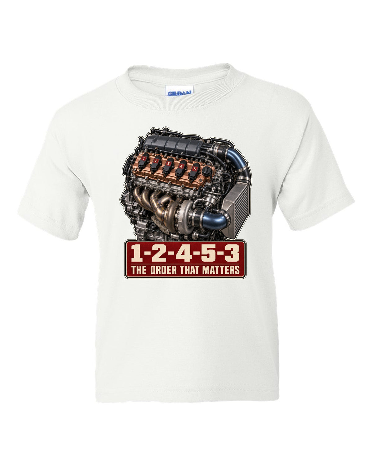 Audi TT RS 8S 2.5 TFSI five-cylinder engine poster with firing order white kids tee front view with the design