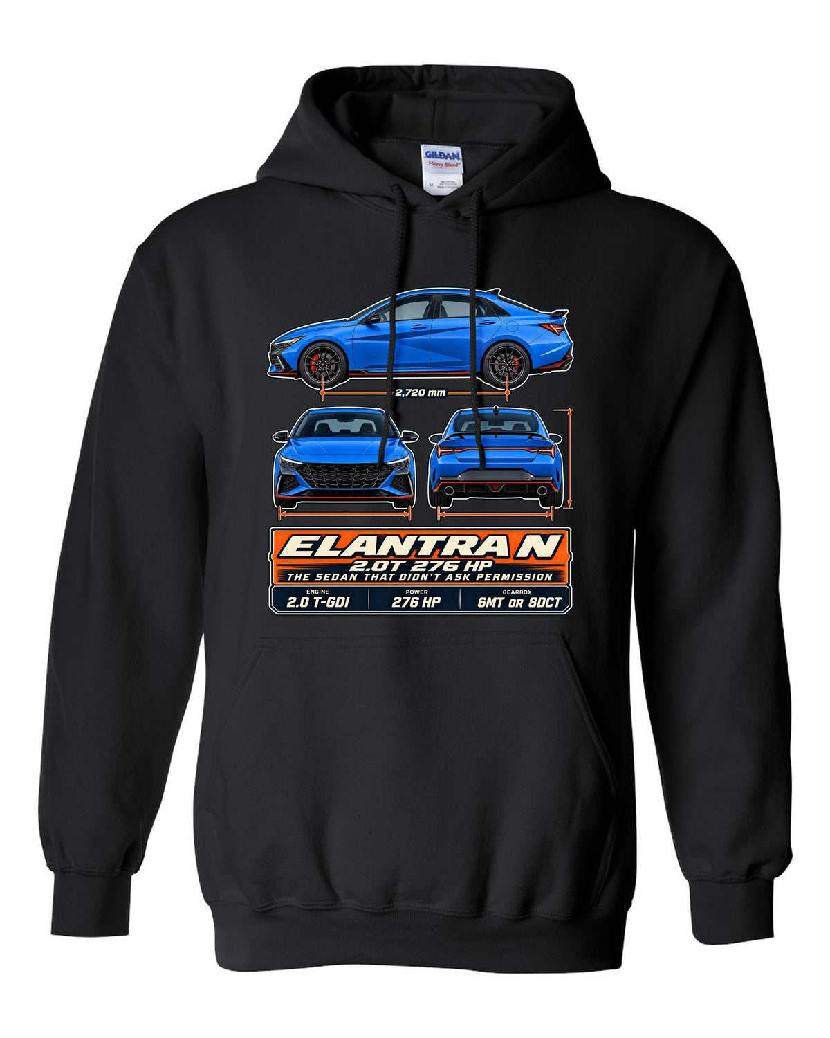 Hyundai Elantra N CN7 three-view drawing with spec table, print black pull over hoodie front view with the design