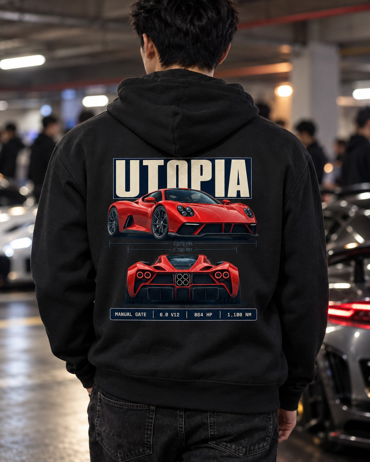 Pagani Utopia Spec Poster Shirt, Manual Gate V12 Tee Zip Hoodie Black worn hero