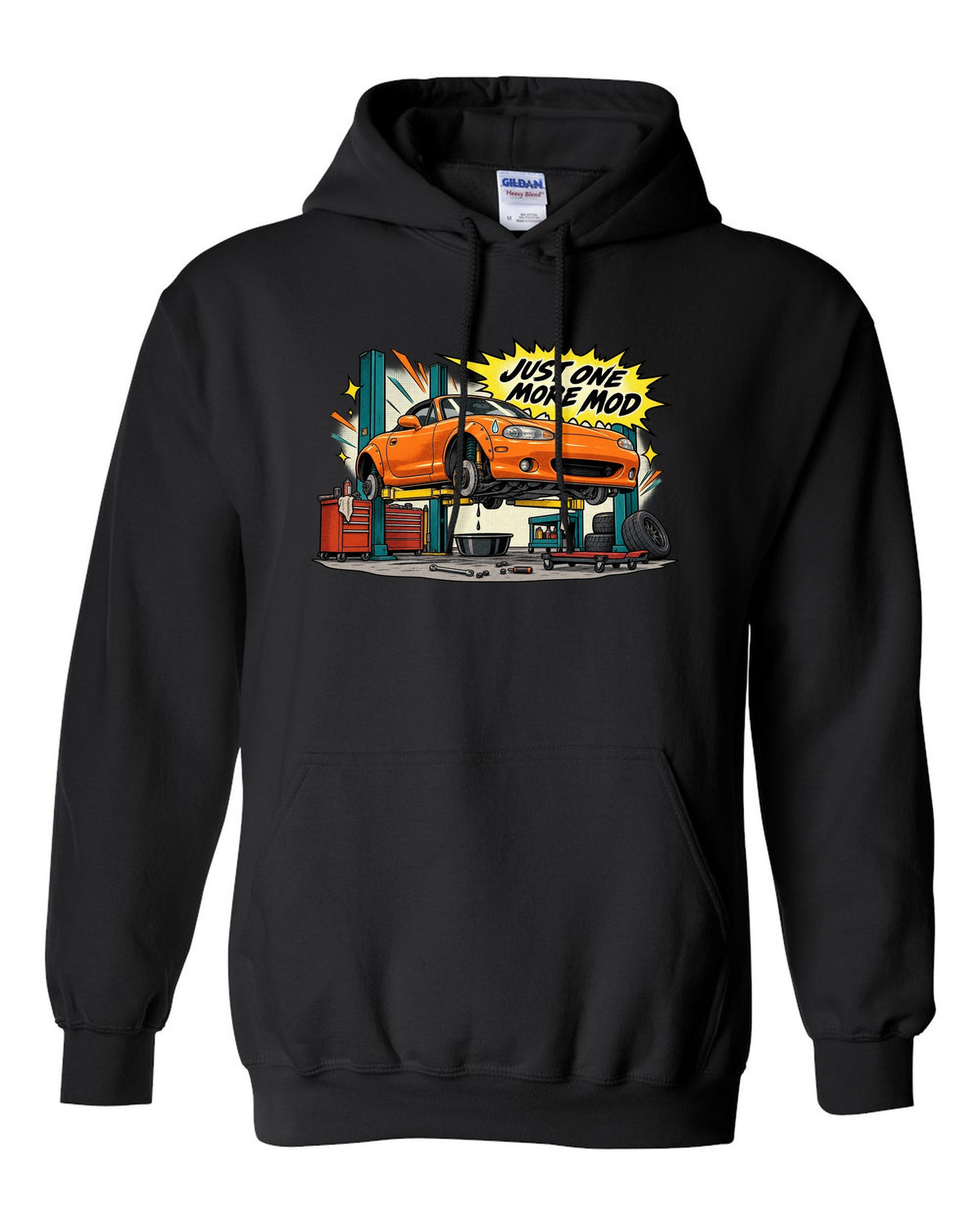 Retro manga halftone panel print of a Mazda MX-5 NB in a workshop with the text Just One More Mod black pull over hoodie front view with the design