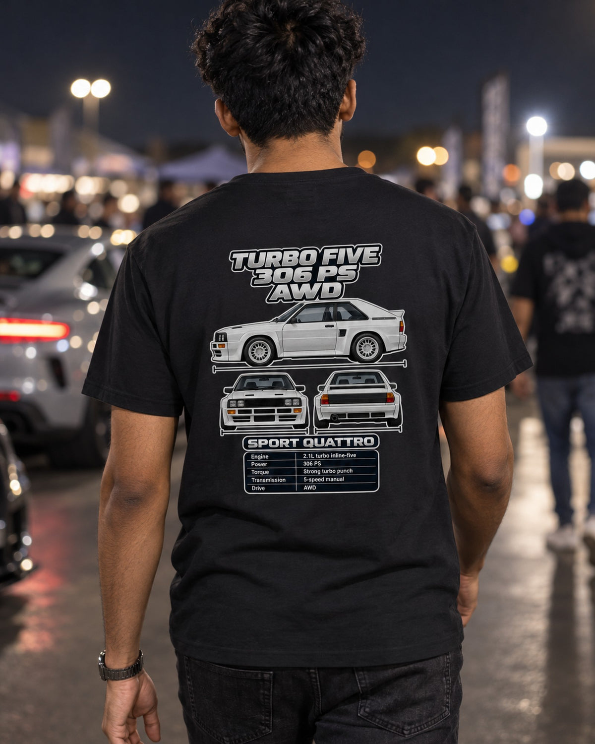 Audi Sport Quattro Spec Sheet Full-Back Graphic Tee T-Shirt Black worn hero