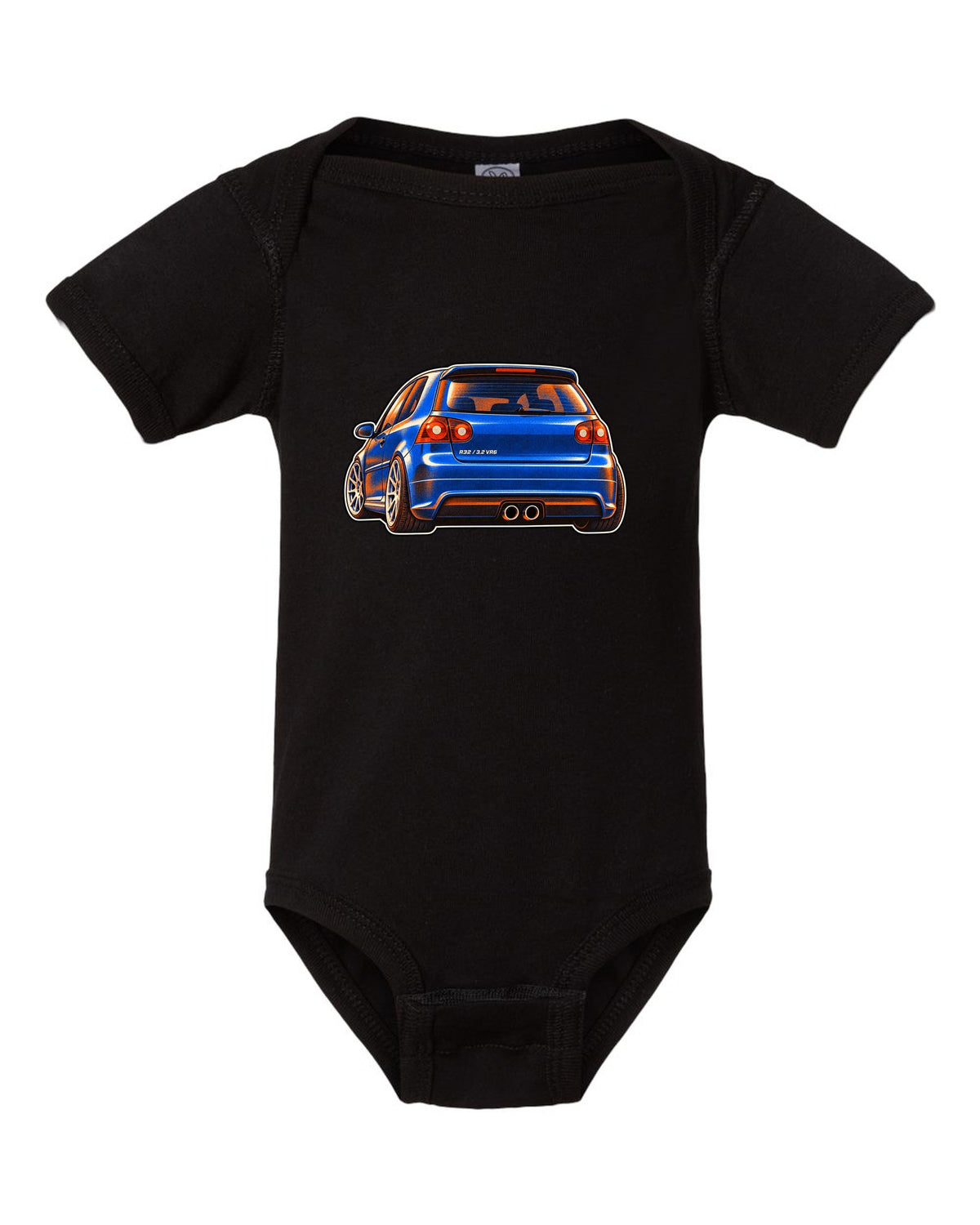 Risograph style print of a VW Golf R32 Mk5 with twin exhaust pipes and 3.2 VR6 text black baby onesie front view with the design