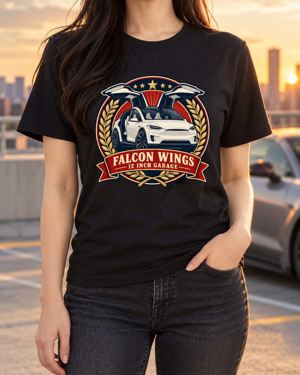Tesla Model X Falcon Wing Doors Vintage Badge Shirt, 2022 T-Shirt Black worn hero