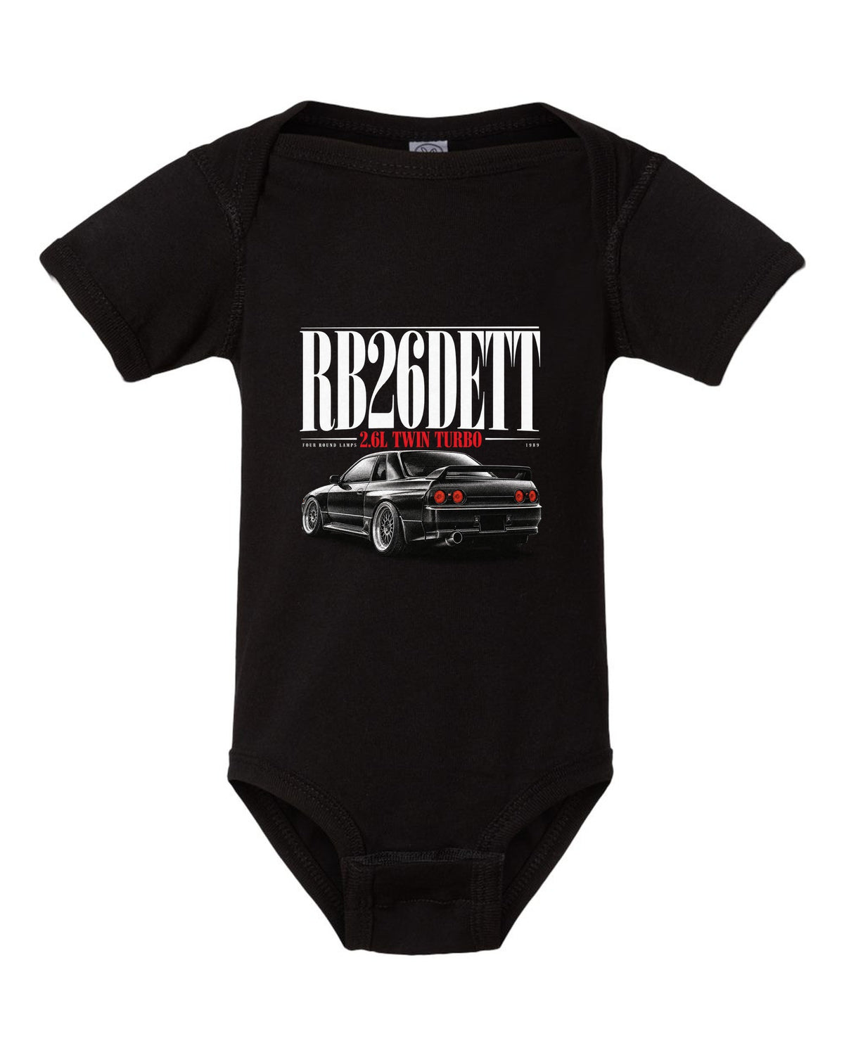 Editorial headline print of a Nissan Skyline GT-R R32 BNR32 with RB26DETT text black baby onesie front view with the design