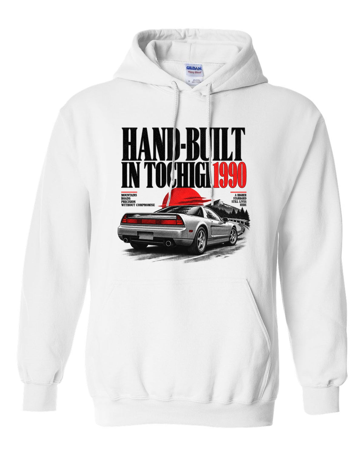 Honda NSX NA1 editorial headline design with hand-built in Tochigi 1990 text white pull over hoodie front view with the design