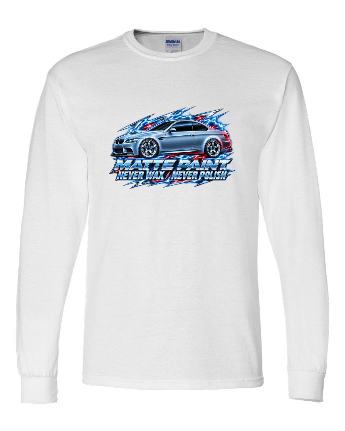 80s chrome airbrush print of a BMW E92 M3 coupe with matte paint never wax never polish text white long sleeve front view with the design