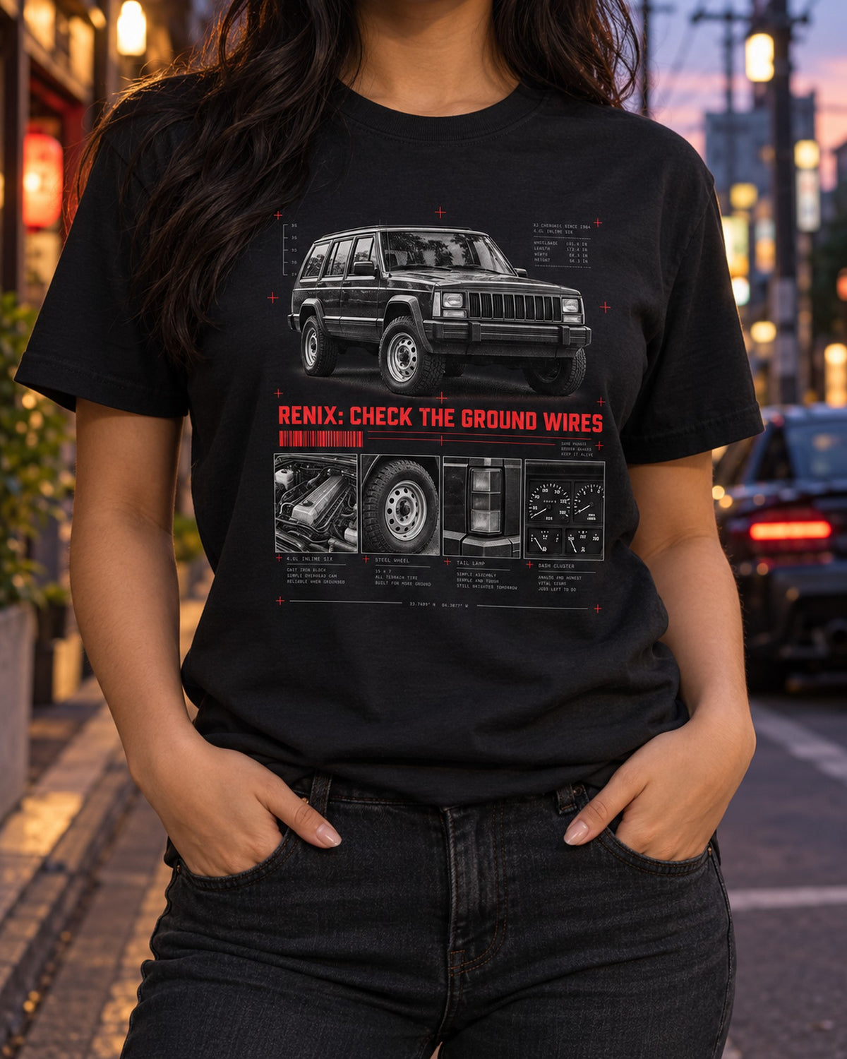 Jeep Cherokee XJ Renix Era Dossier Tee, 1987-1990 4.0L T-Shirt Black worn hero