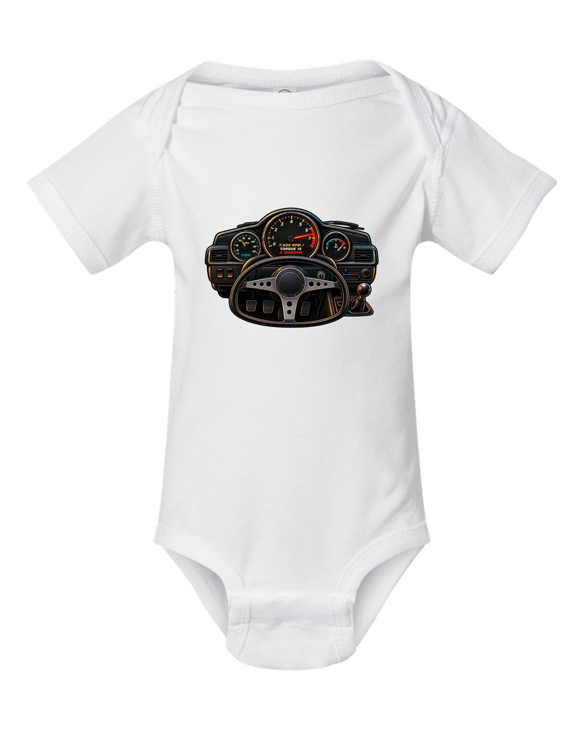 Linocut woodcut-style Toyota Corolla Levin AE86 with garage Saturday slogan white baby onesie front view with the design
