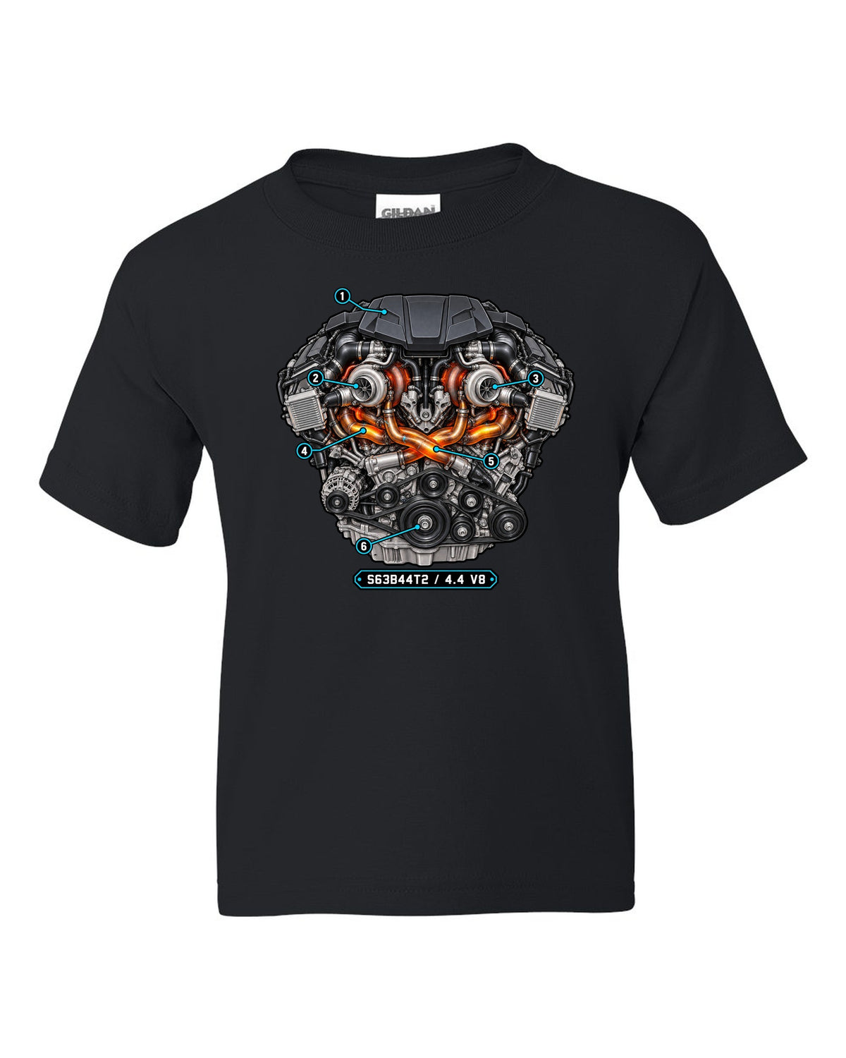 Exploded cutaway engine print of the BMW S63 4.4 V8 from the X5 M F85 black kids tee front view with the design
