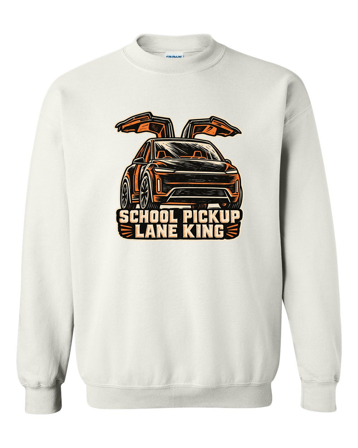 Chunky linocut woodblock print of a Tesla Model X reading School Pickup Lane King white crewneck front view with the design
