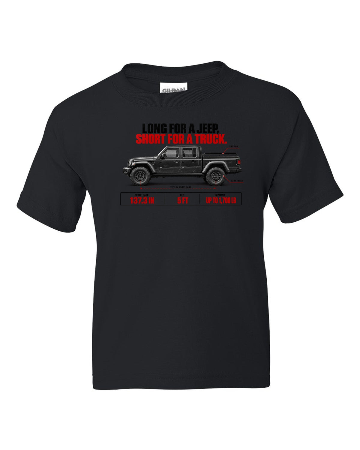 Jeep Gladiator JT spec poster print with wheelbase and payload figures black kids tee front view with the design