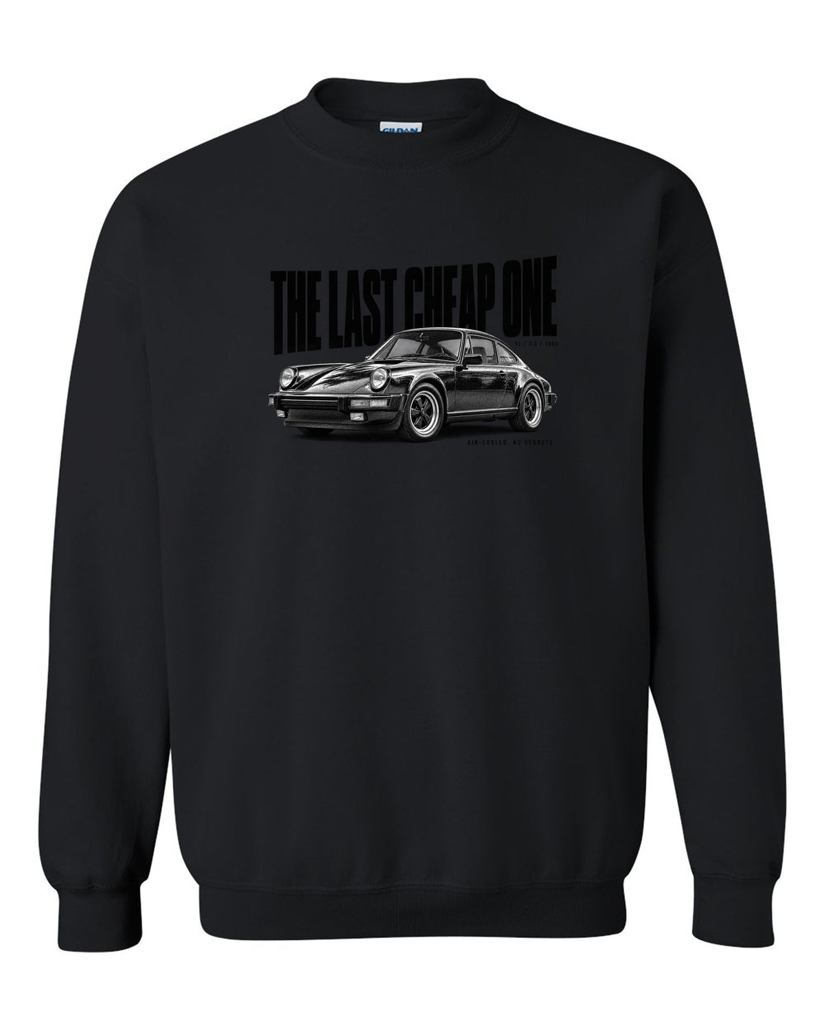 Halftone print of a Porsche 911 SC G-series with The Last Cheap One caption black crewneck front view with the design