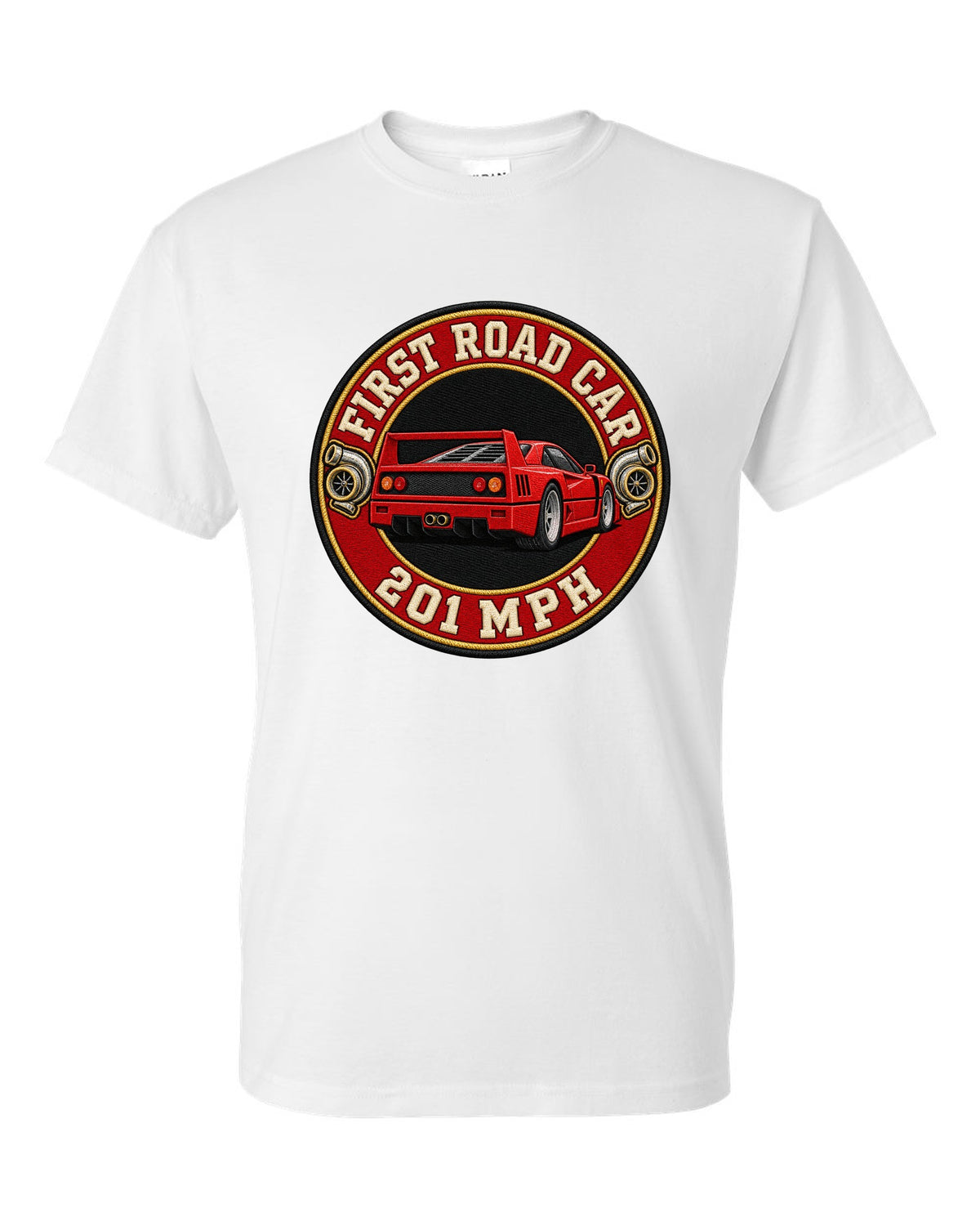 Embroidery-style varsity roundel of a 1987 Ferrari F40 F120 with first road car 201 MPH text white t-shirt front view with the design