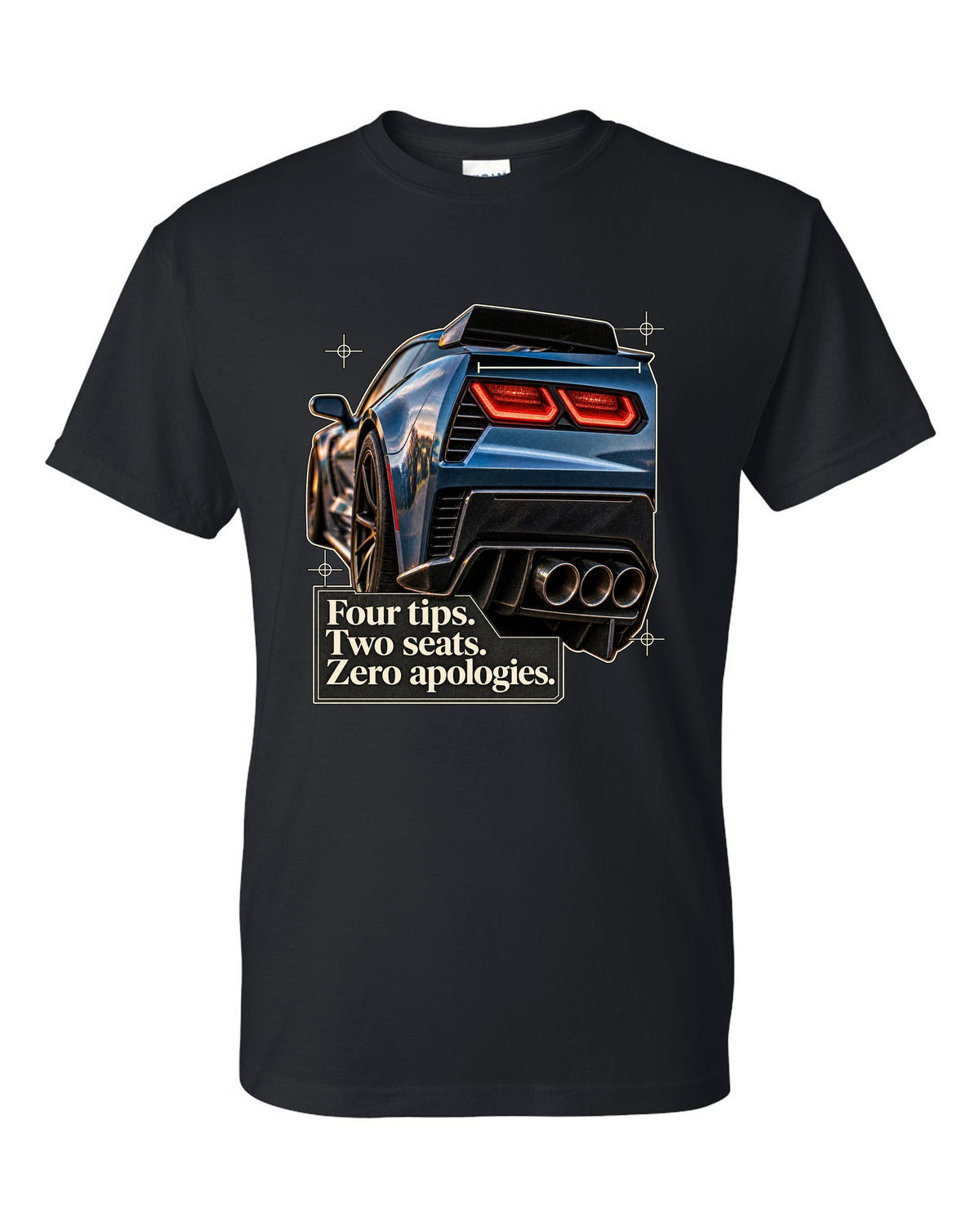 print of a Chevrolet Corvette C7 Z06 rear tail macro with four exhaust tips text black t-shirt front view with the design