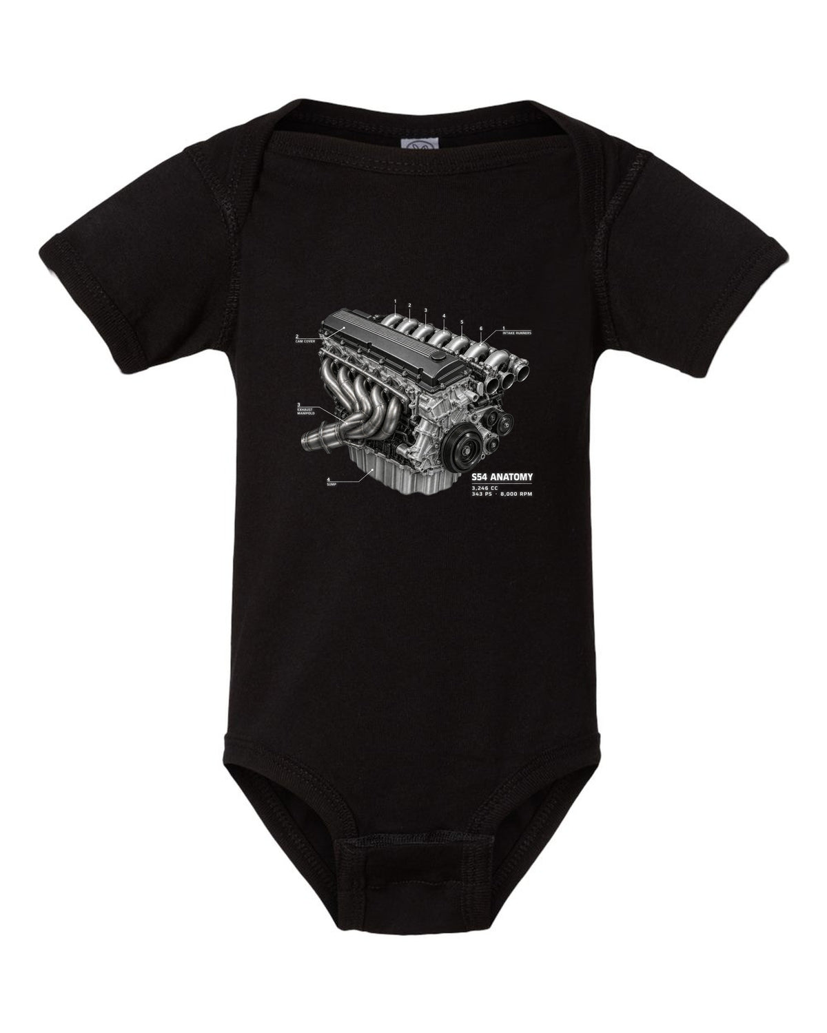 BMW E46 M3 S54 engine anatomy print with 3,246 cc 343 PS and 8,000 rpm text black baby onesie front view with the design