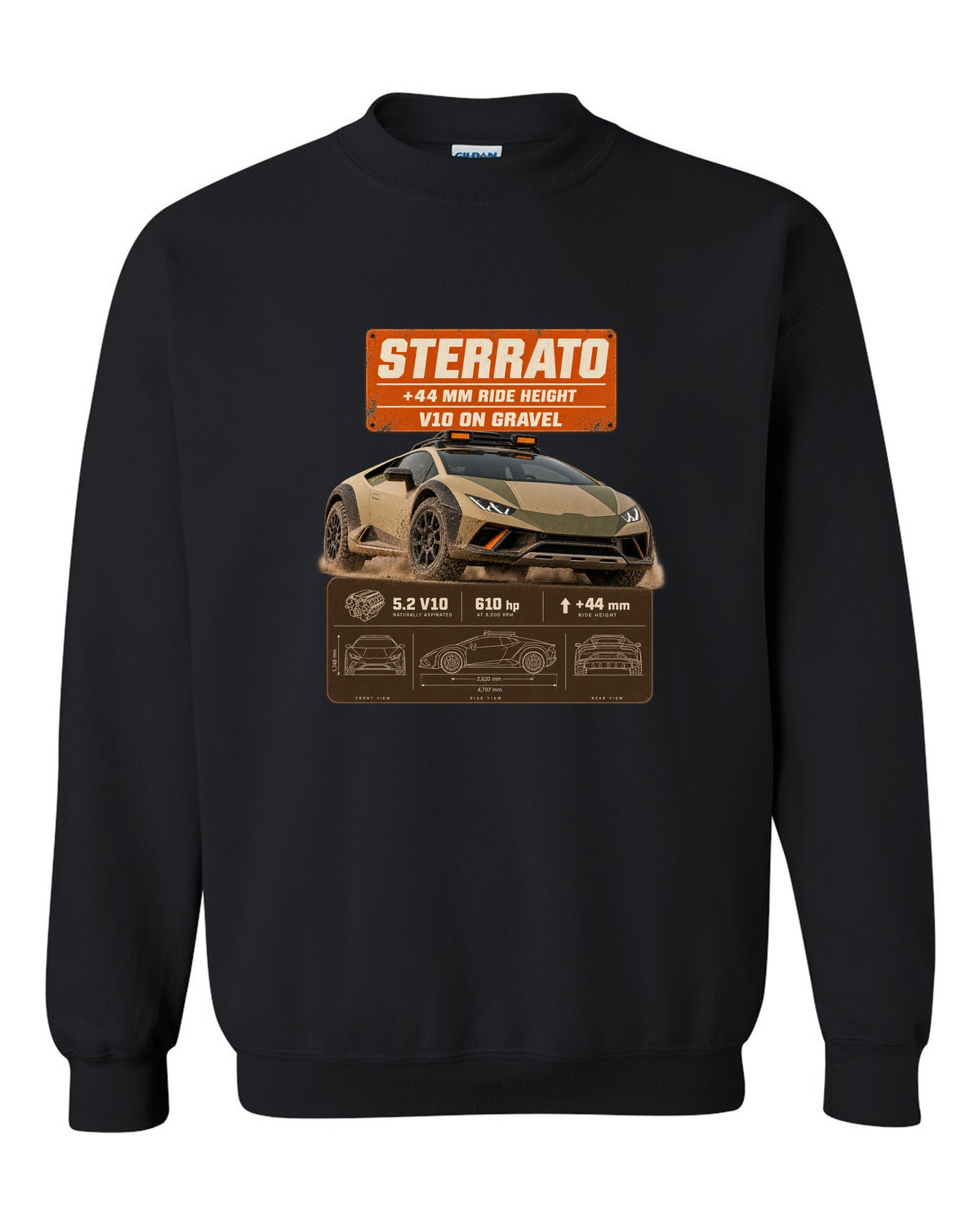 Spec poster print of the Lamborghini Huracan Sterrato black crewneck front view with the design