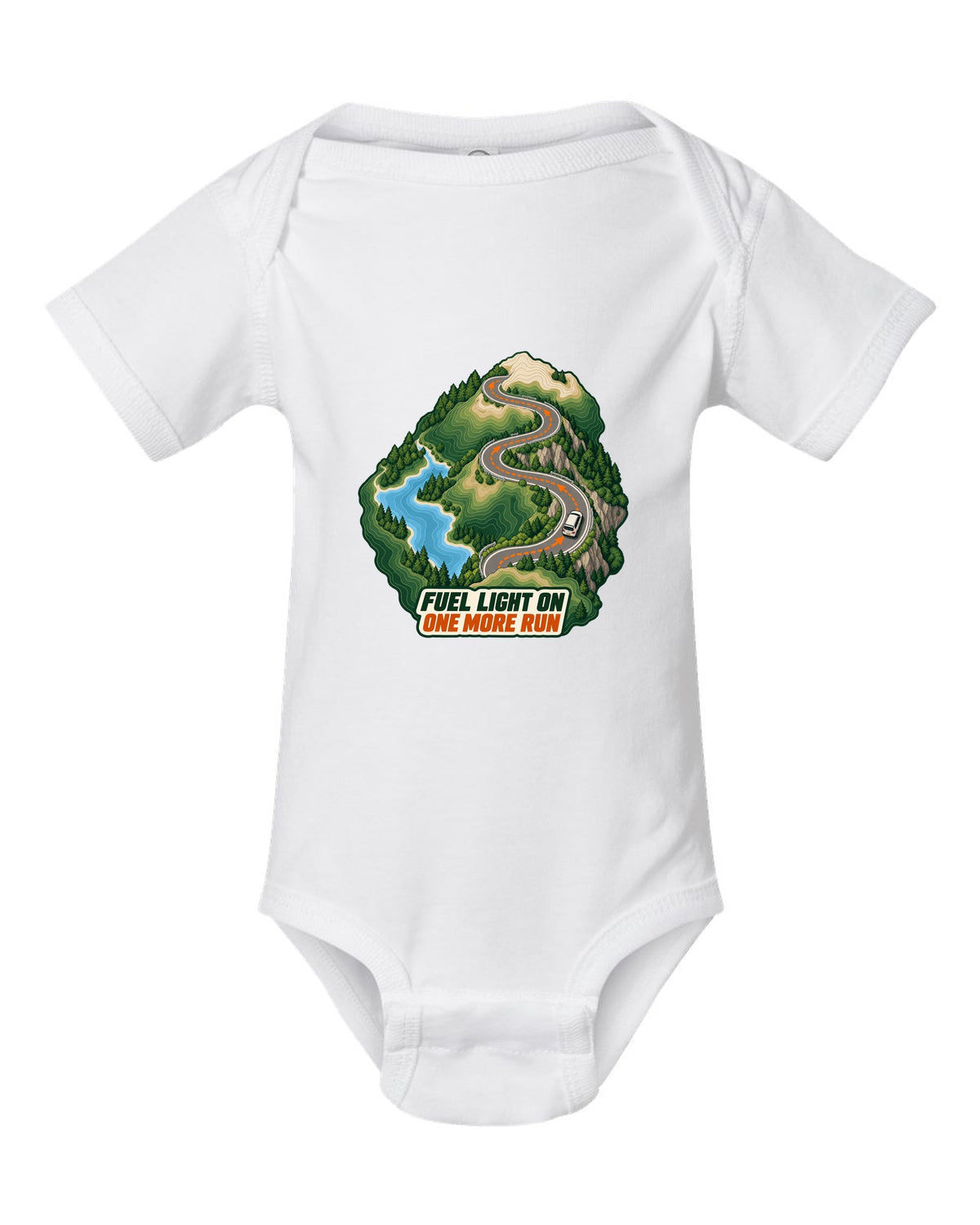 Topographic route map print of a Toyota Corolla Levin AE86 with Fuel Light On lettering white baby onesie front view with the design