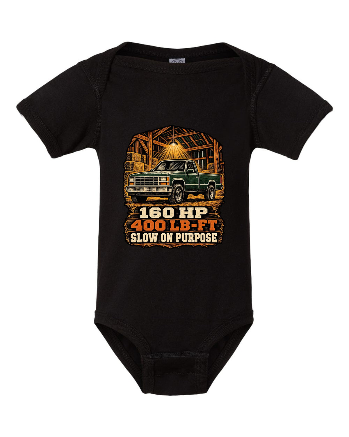 Woodcut style print of a 1989-1993 Dodge Ram D250 Cummins on an oversized shirt black baby onesie front view with the design