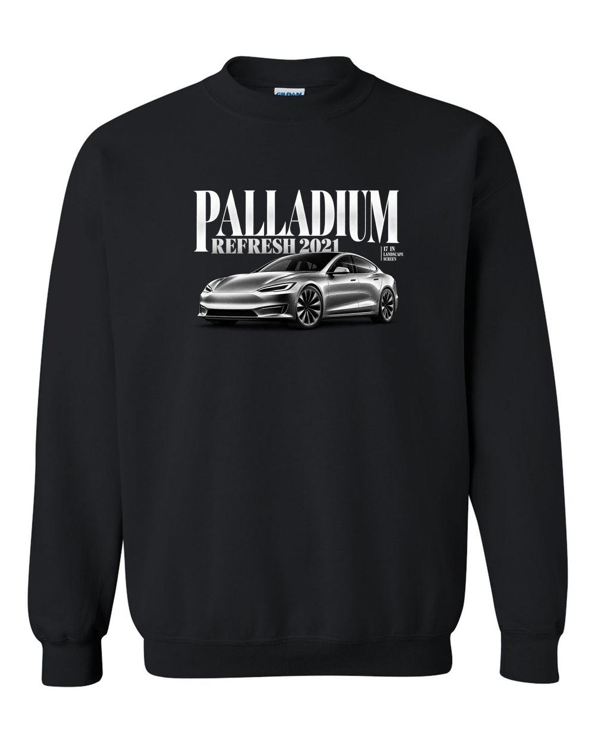 Editorial headline print of a Tesla Model S Palladium 2021 front three-quarter view black crewneck front view with the design