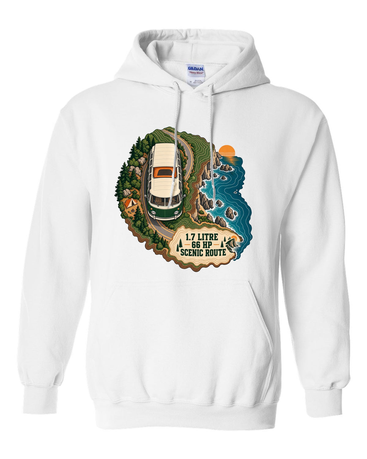 Topographic route map print of a 1972 VW Bus T2 bay window with scenic route lettering white pull over hoodie front view with the design