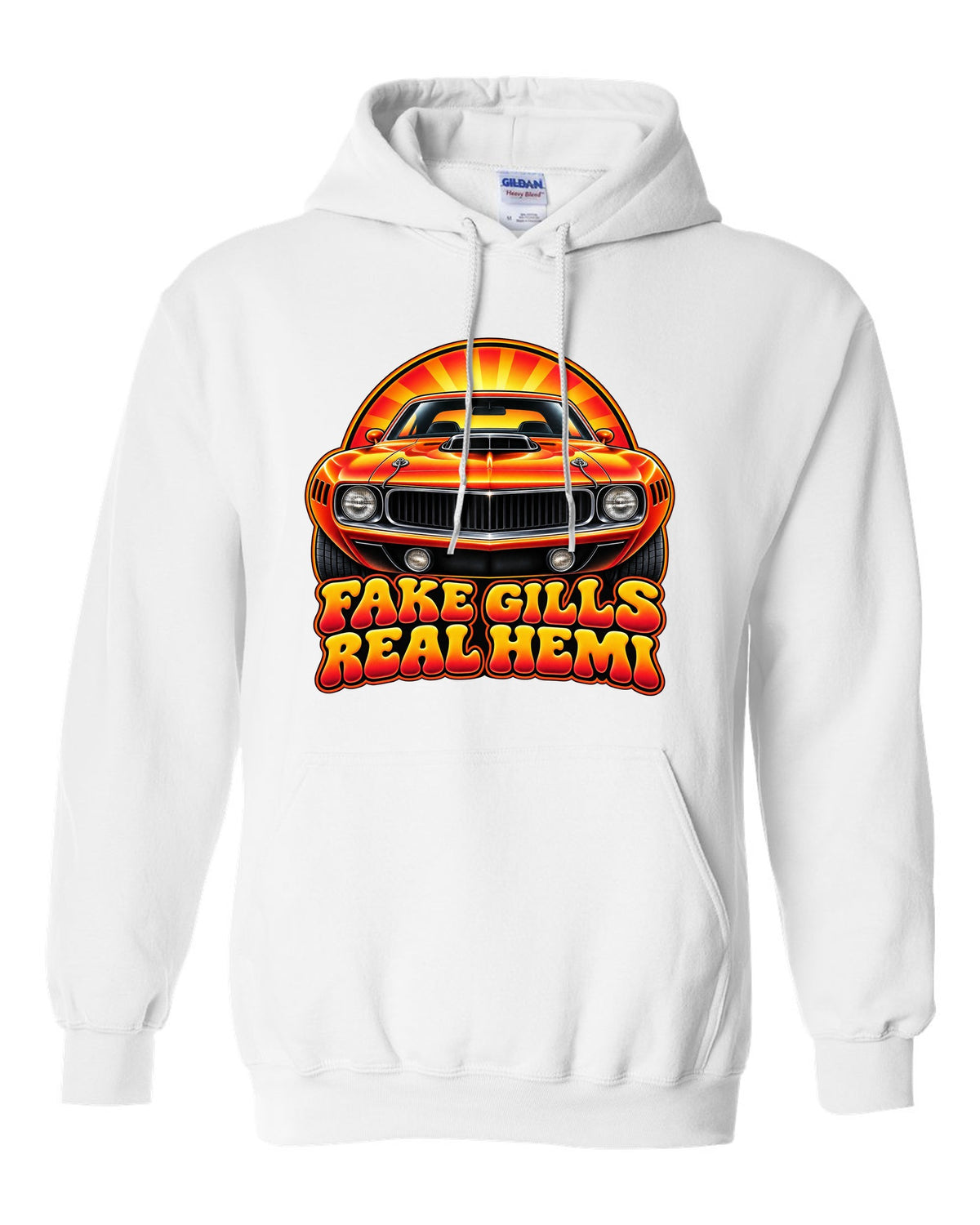 Retro 70s airbrush sunburst design with a 1970 Plymouth Hemi Cuda and fake gills real Hemi text white pull over hoodie front view with the design