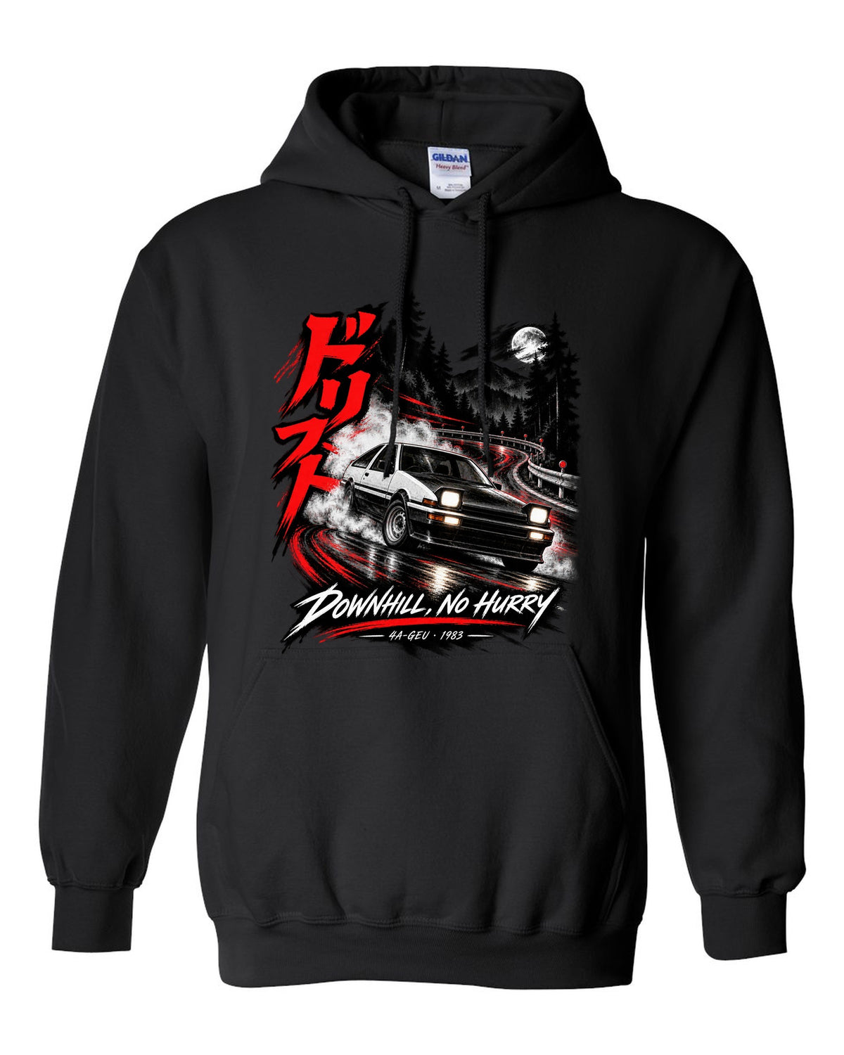 Touge night print of a Toyota Sprinter Trueno AE86 zenki with drift kanji and Downhill No Hurry text black pull over hoodie front view with the design