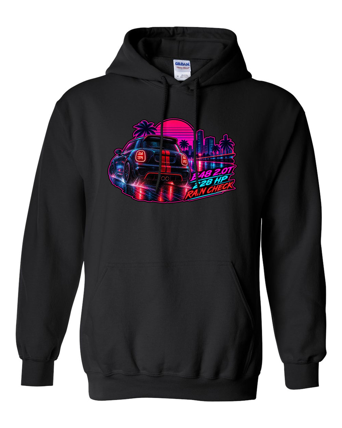Synthwave print of a Mini JCW F56 rear with Union Jack tail lights and B48 228 HP text black pull over hoodie front view with the design