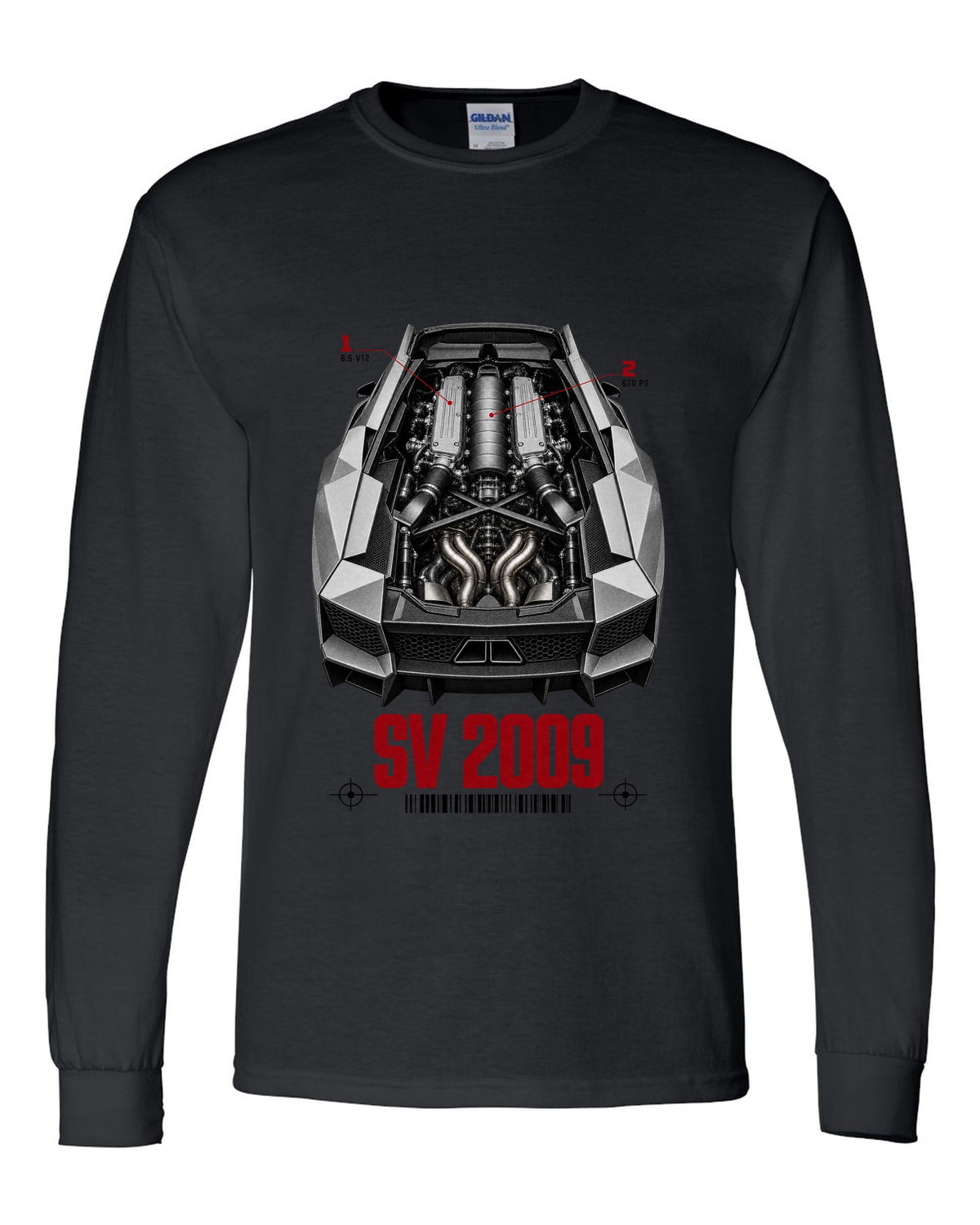 Engine hero print of a Lamborghini Murcielago LP670-4 SV with 6.5 V12 and 670 PS callouts black long sleeve front view with the design