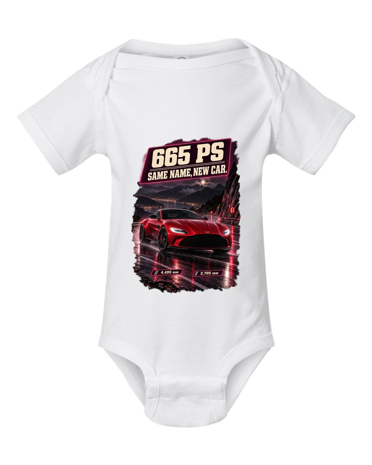 Aston Martin Vantage 2024 touge night street print with 665 PS text white baby onesie front view with the design