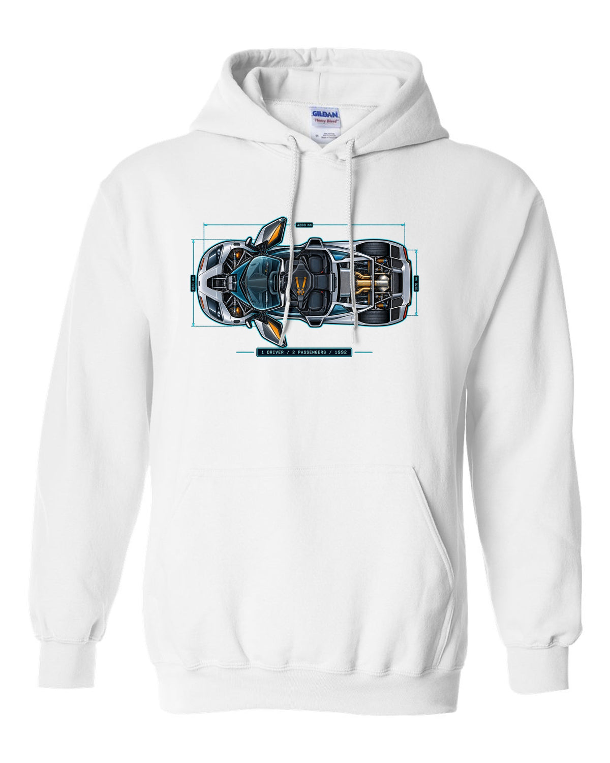 Technical blueprint print of the McLaren F1 with 1 Driver 2 Passengers 1992 lettering white pull over hoodie front view with the design