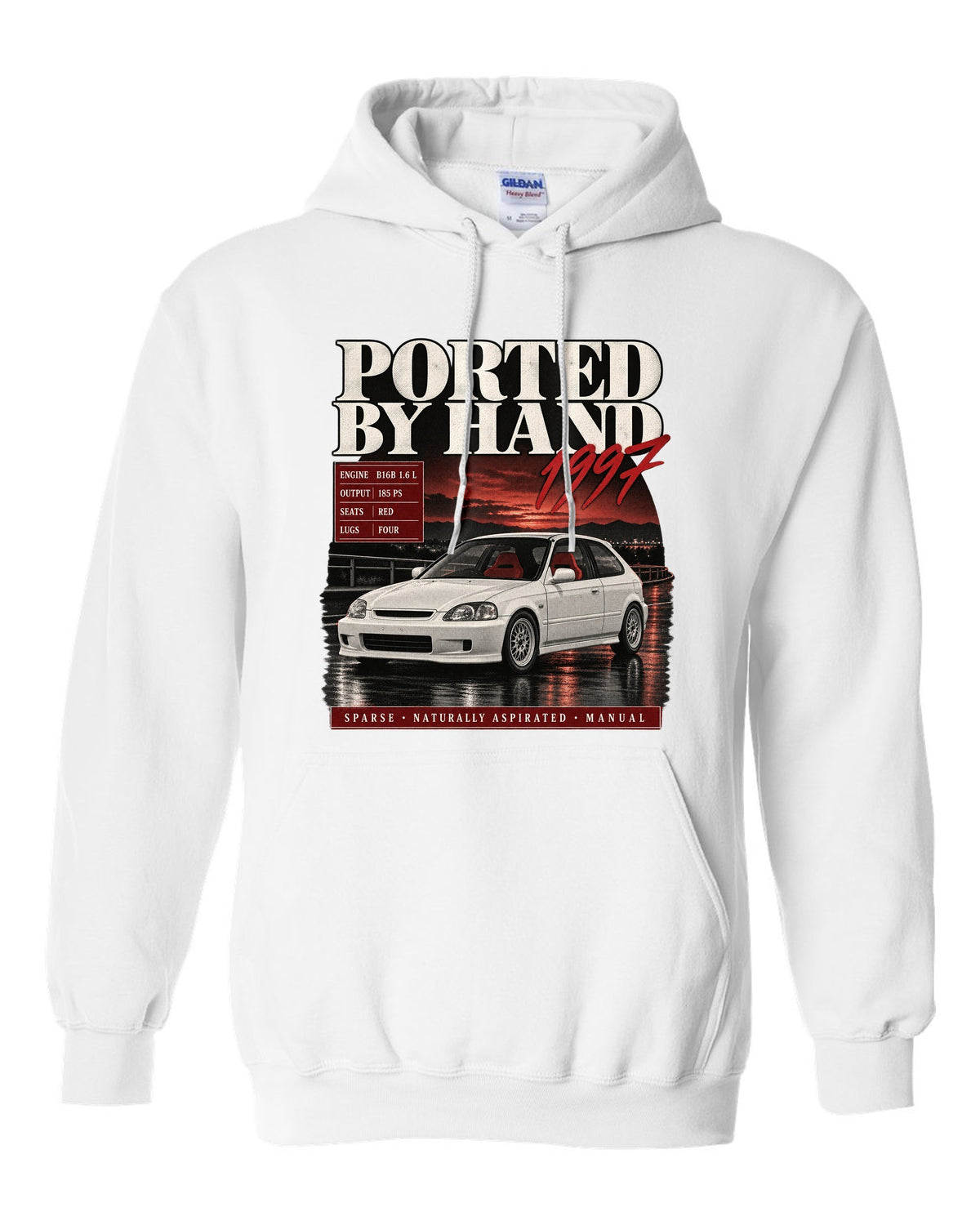 Archive panel print of a 1997 Honda Civic EK9 chback with hand-ported text white pull over hoodie front view with the design