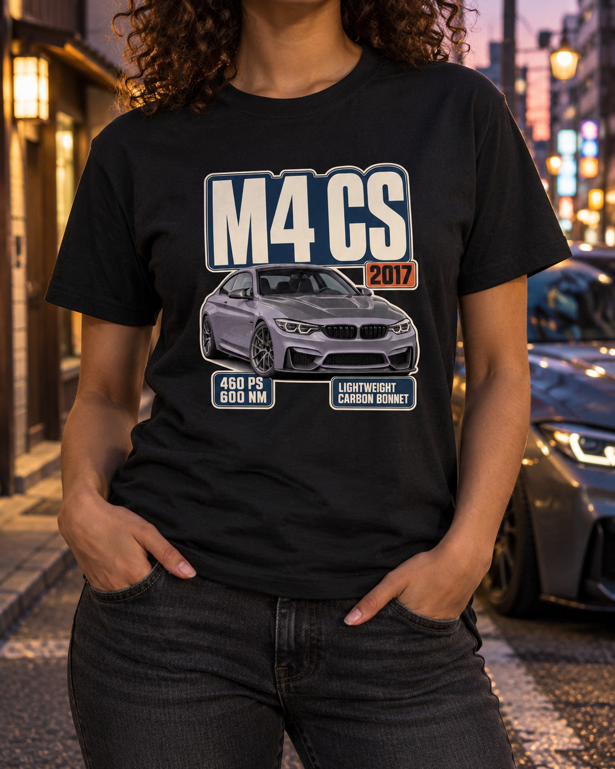 BMW M4 CS F82 Editorial Headline print Shirt T-Shirt Black worn hero