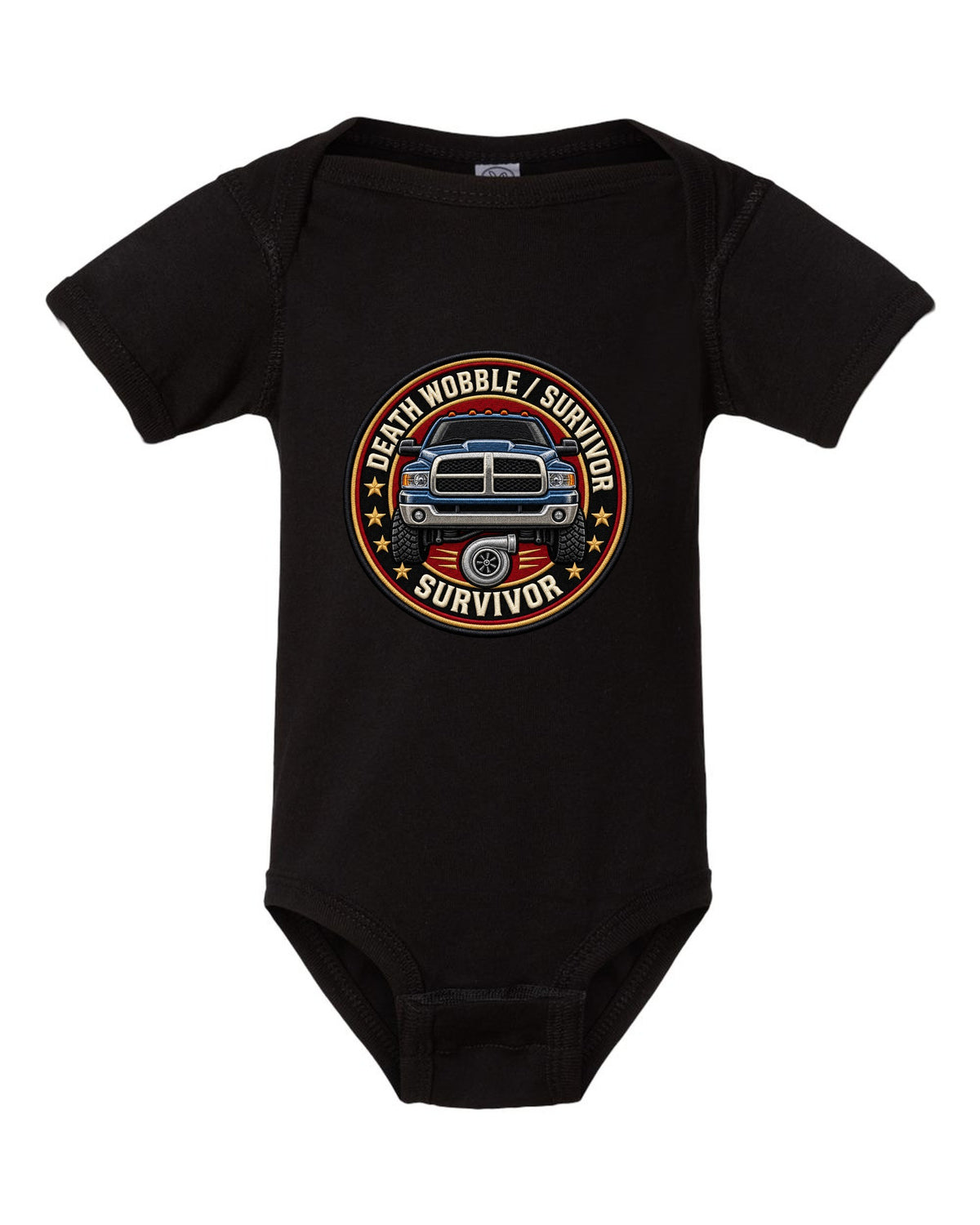 Round varsity crest print for the 2003-2009 Dodge Ram 2500 Cummins reading death wobble survivor black baby onesie front view with the design