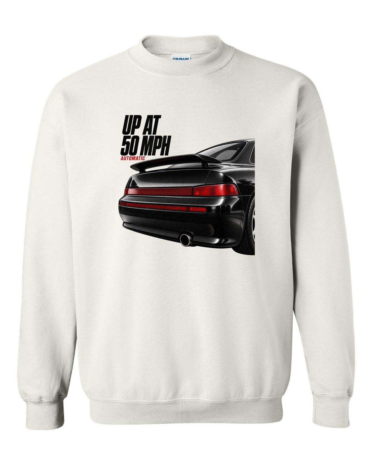 Detail macro print of the Porsche 911 Carrera 2 (964) rear spoiler with the caption Up At 50 MPH white crewneck front view with the design