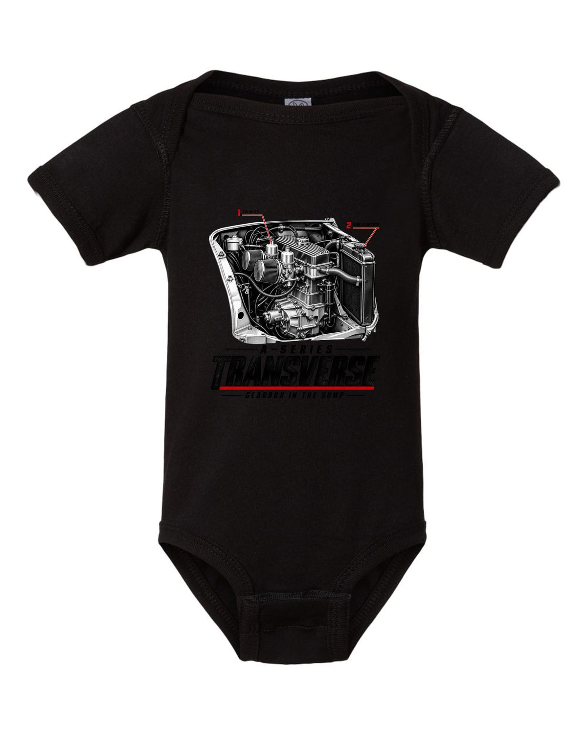 print of a Classic Mini Cooper S 1275 engine bay with the transverse A-series engine black baby onesie front view with the design