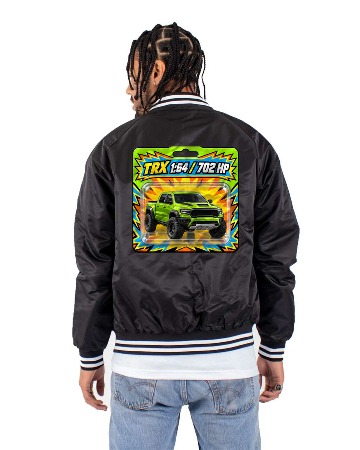TRX 1:64 Blister Card Tee, Ram 1500 TRX Toy Car Graphic Bomber Jacket Black back