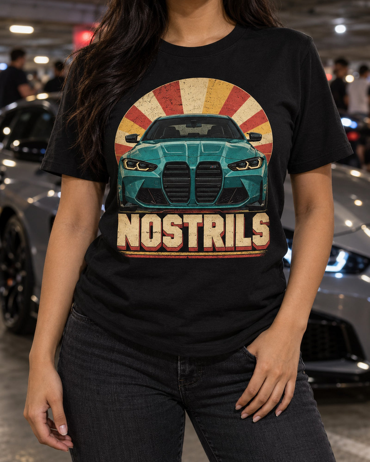 BMW G80 M3 Retro Magazine Ad Tee, Nostrils print T-Shirt Black worn hero