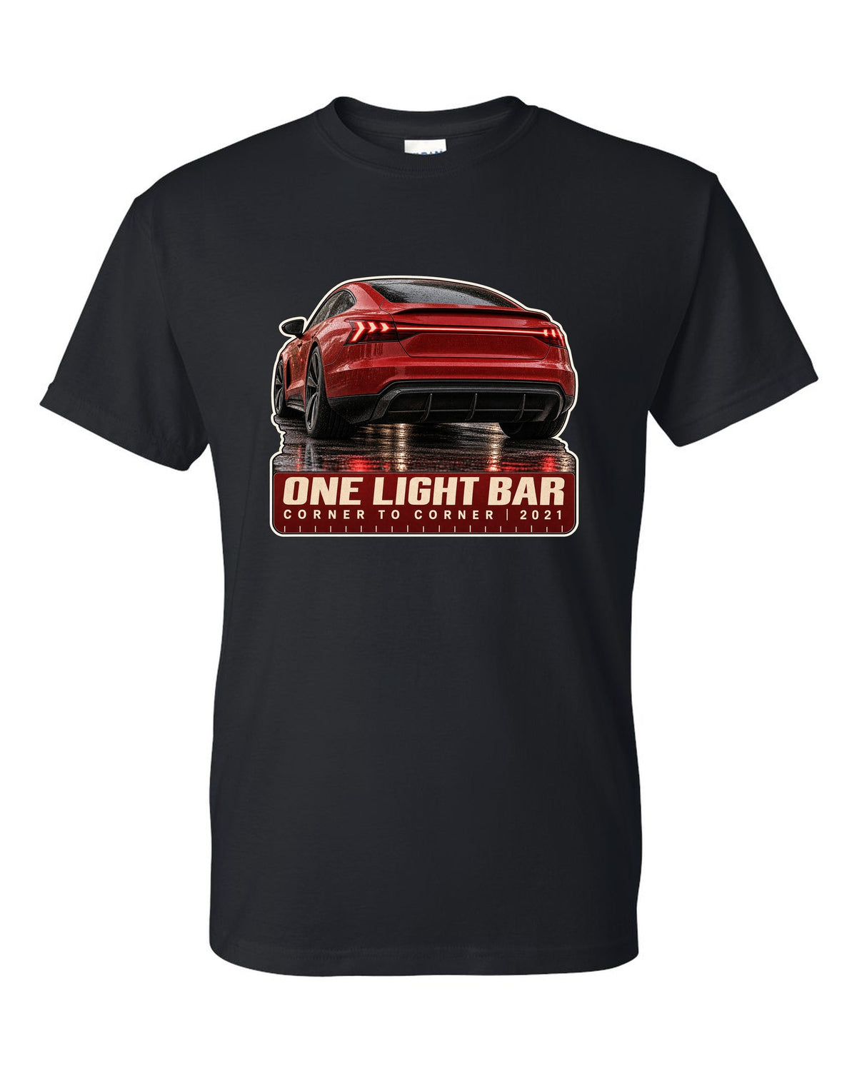 Audi RS e-tron GT rear light bar macro print design black t-shirt front view with the design